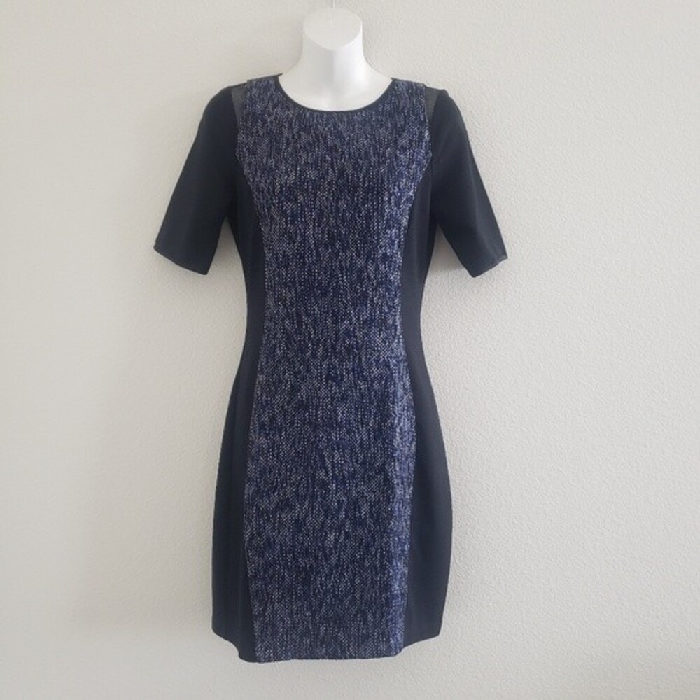 Elie Tahari Sheath Dress Blue and Black 4 Mixed Media Tweed Classic Business